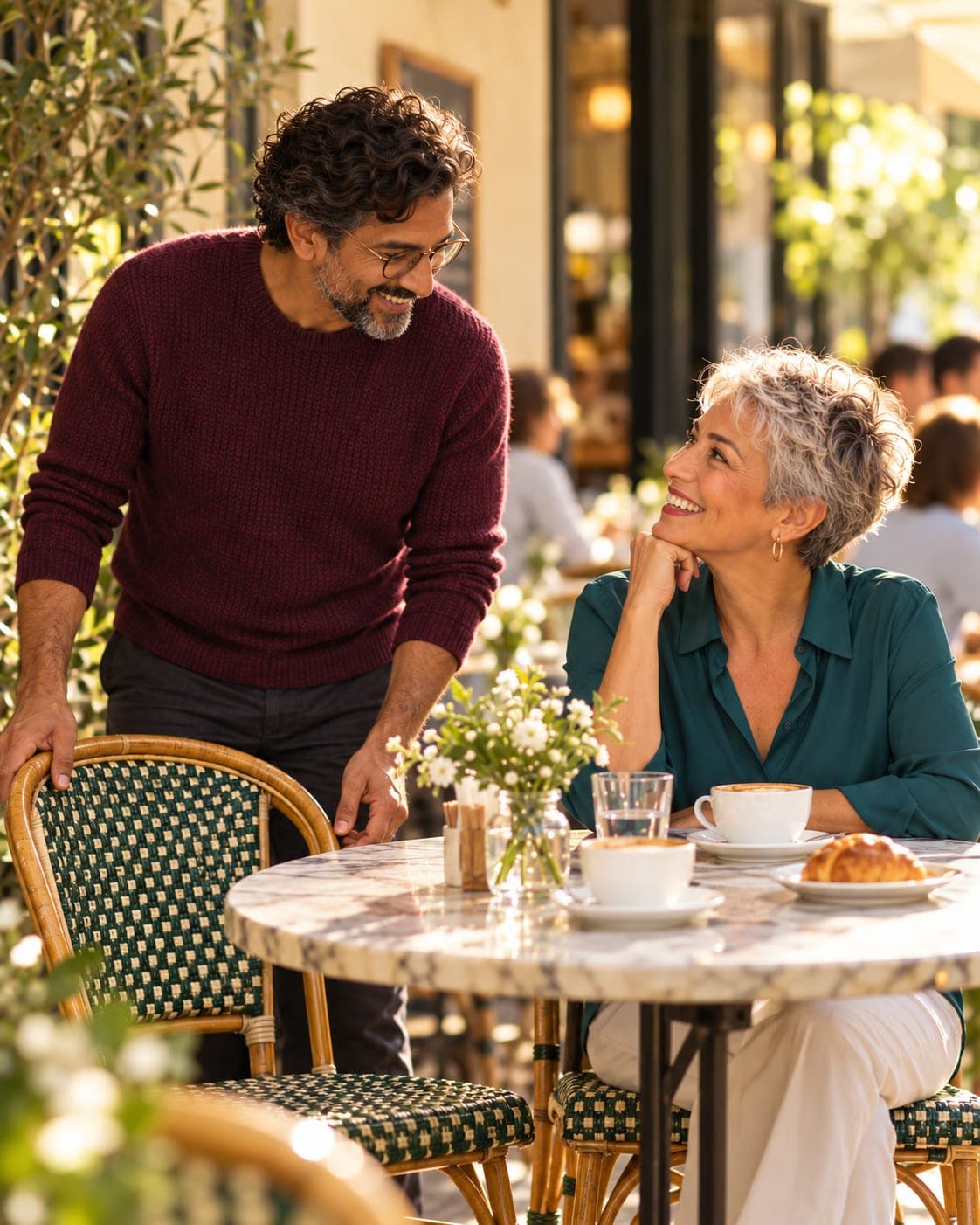 Dos personas sonríen mientras conversan en una cafetería