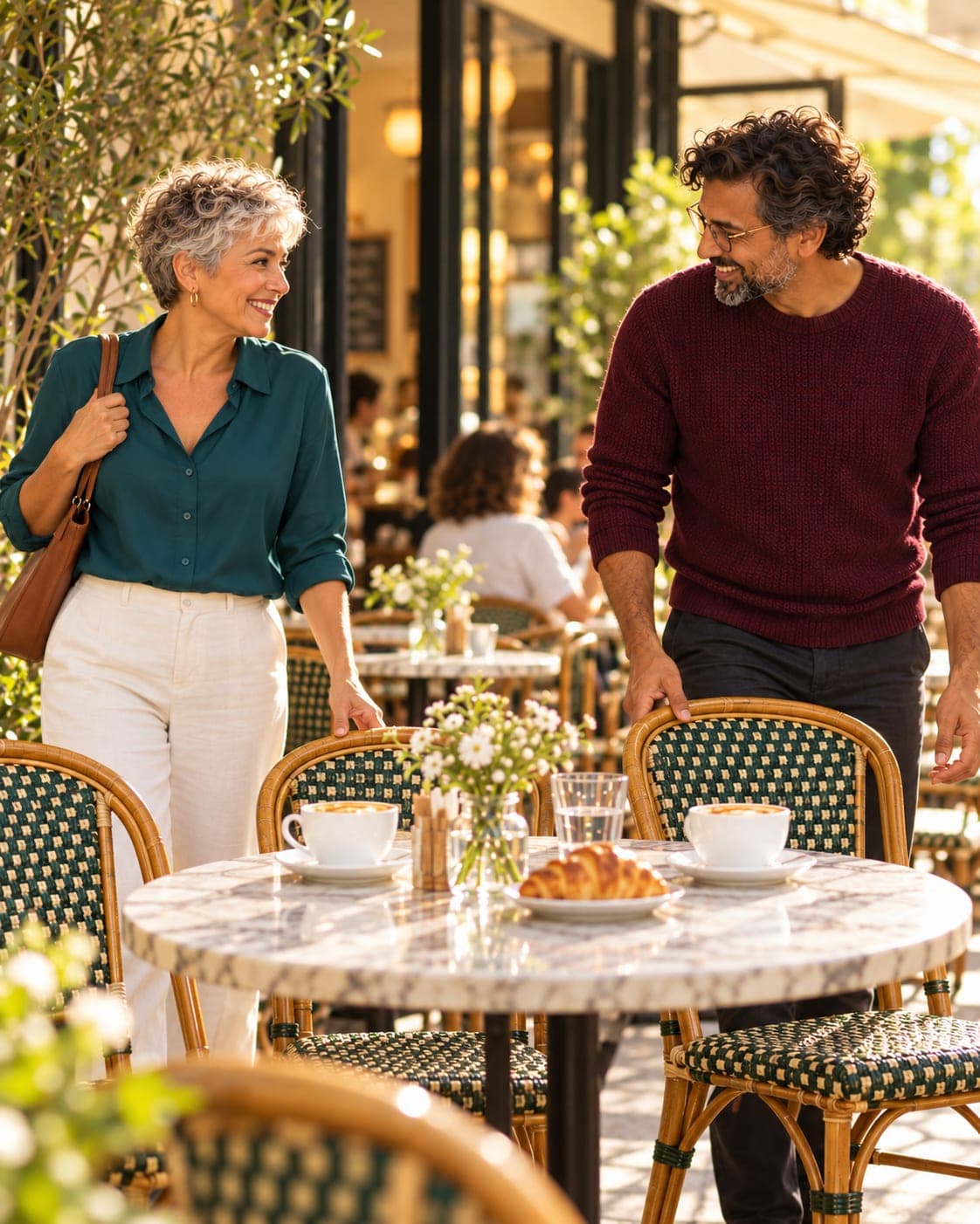 Dos personas se miran y sonríen al llegar a una mesa de cafetería